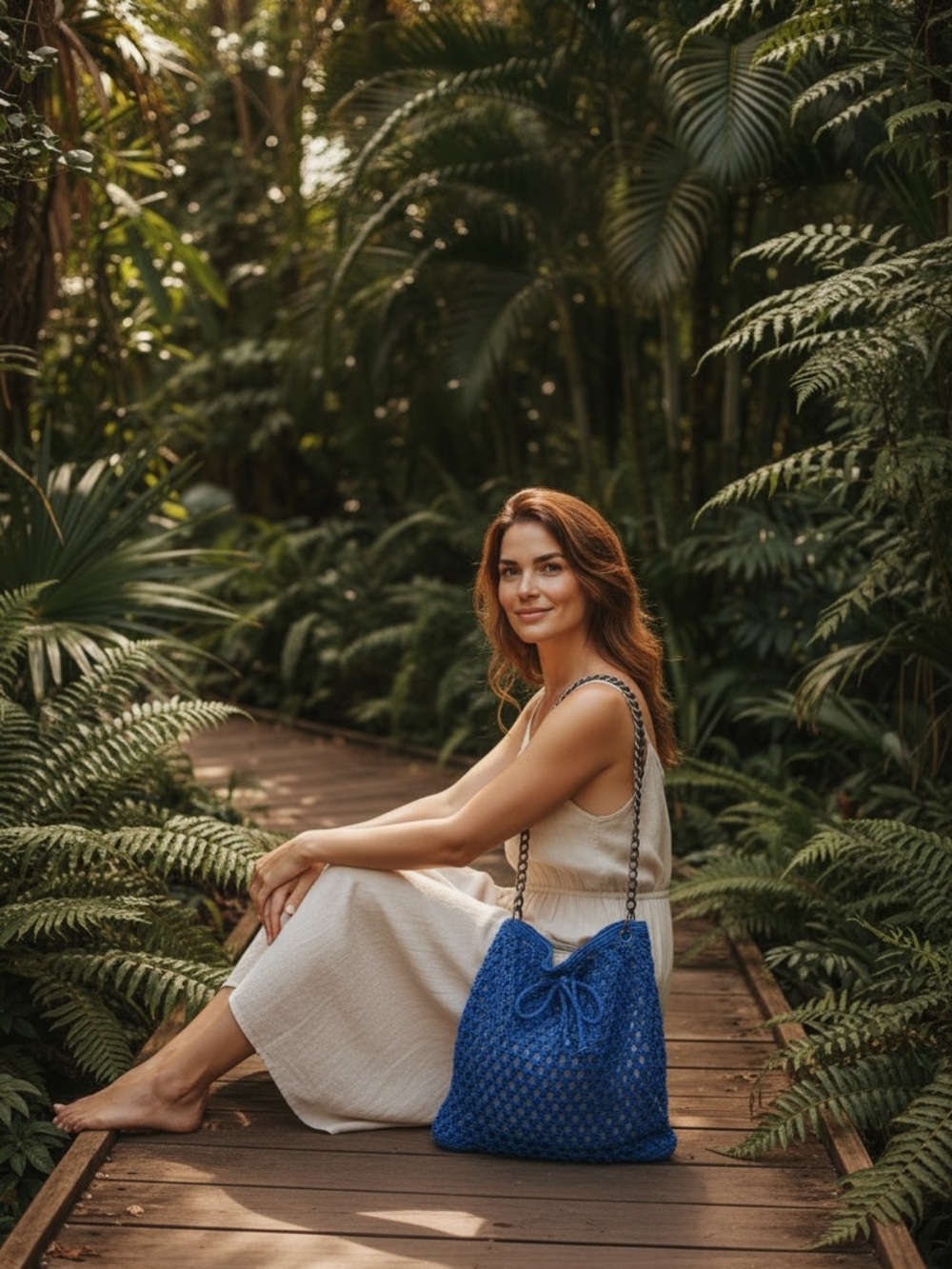 Blue Crochet Tote Bag with Chain Straps